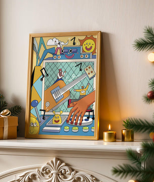 Colorful Cartoon Collage with Musical Elements and Smiling Faces