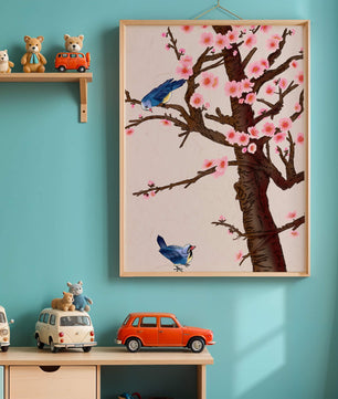 Ilustración encantadora de un árbol de cerezo con pájaros
