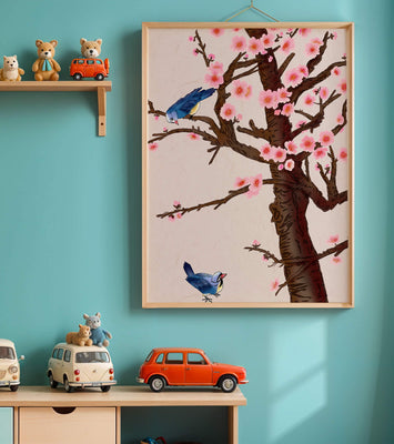 Charming illustration of cherry blossom tree with birds