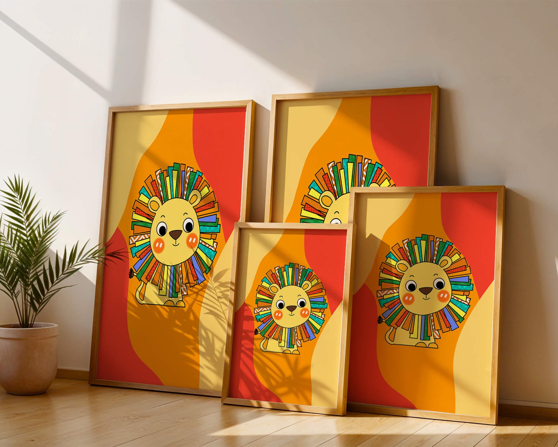 Colorful cartoon lion illustration with vibrant mane on abstract background