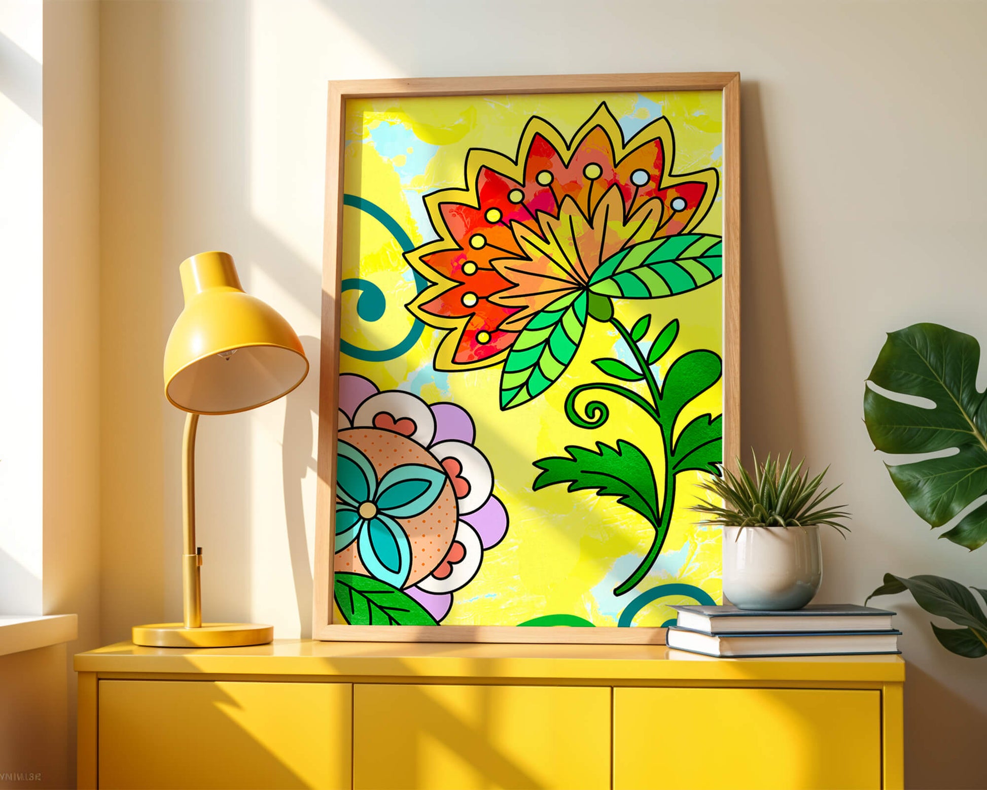 Colorful abstract floral illustration with bright yellow background