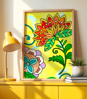 Colorful abstract floral illustration with bright yellow background