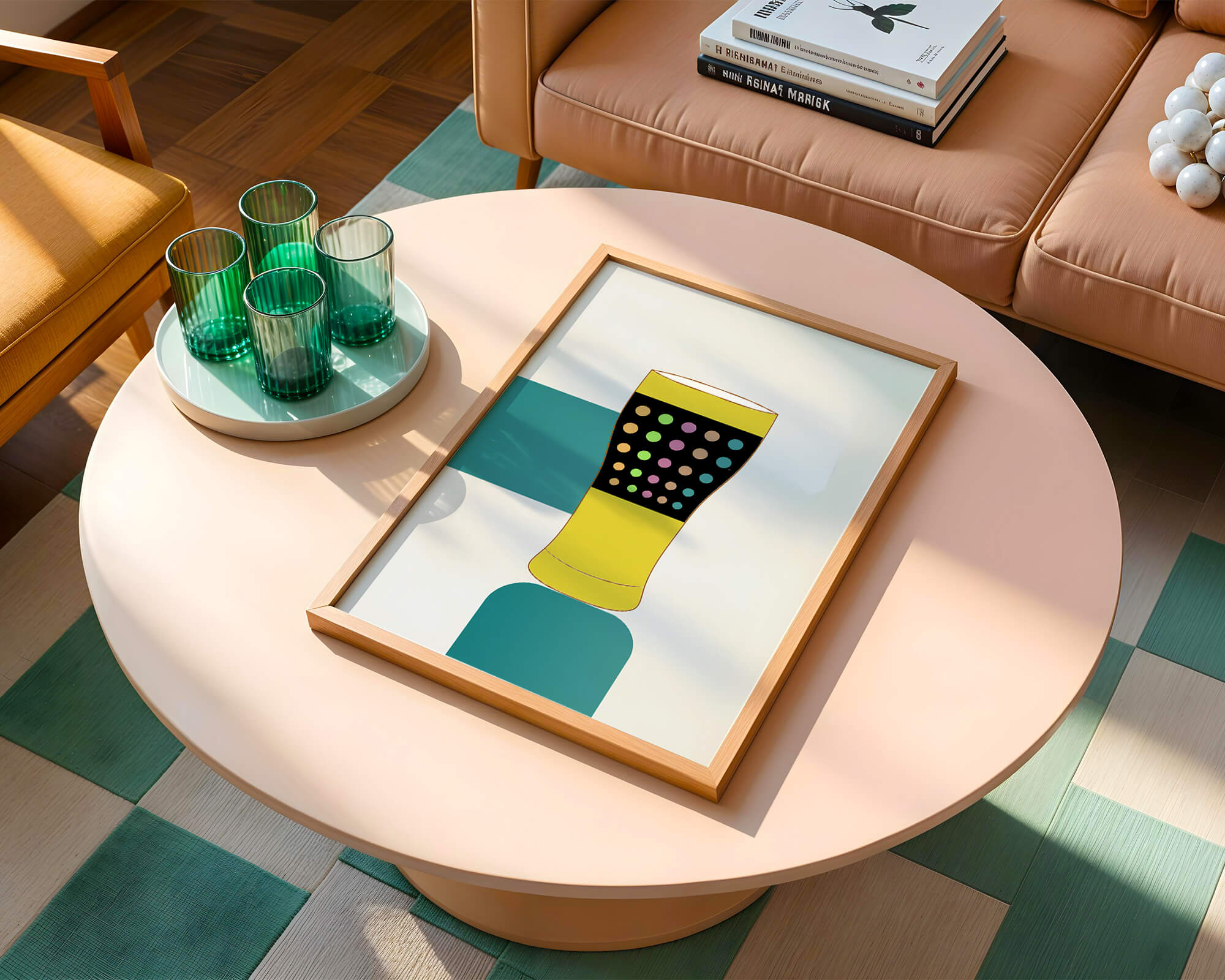 Colorful abstract illustration of a pint glass with dotted pattern