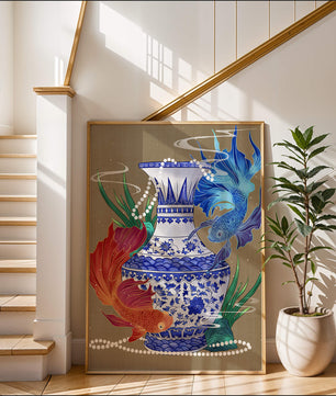 Jarrón de cerámica elegante con diseño de peces vibrantes y flores