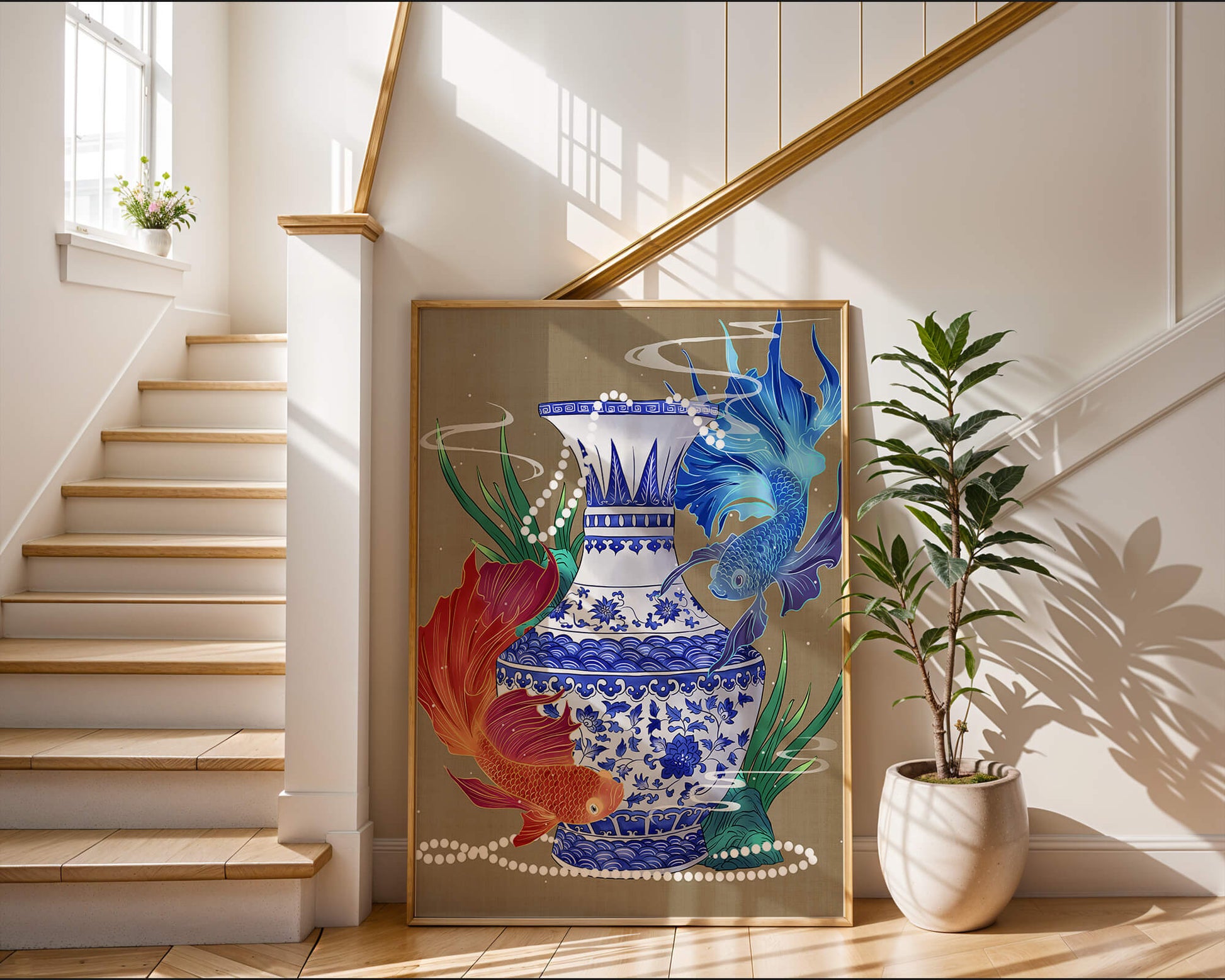 Elegant ceramic vase with vibrant fish and floral design