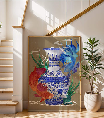Elegant ceramic vase with vibrant fish and floral design