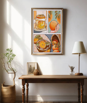 Ilustración colorida de naranjas y conservas con canasta