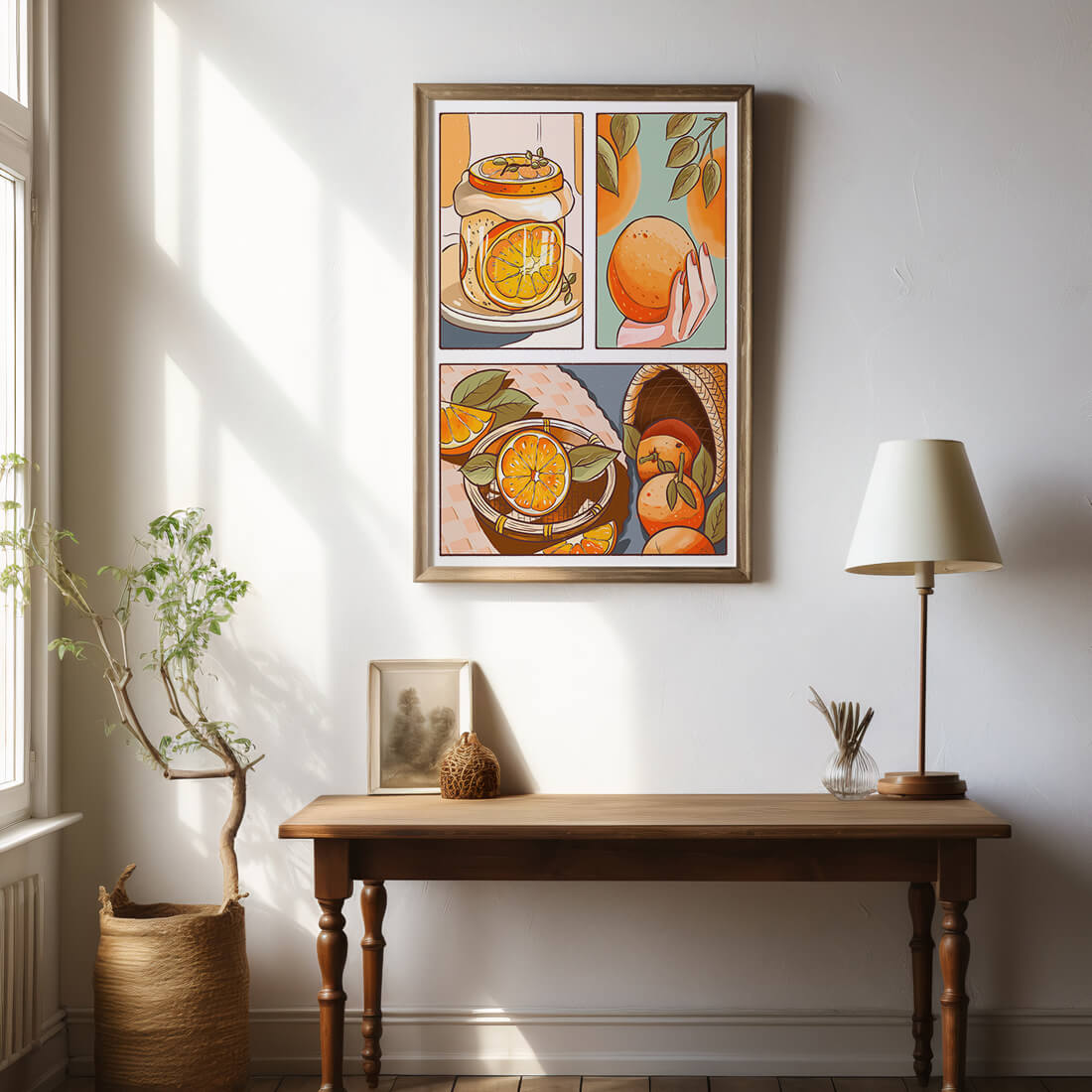 Ilustración colorida de naranjas y conservas con canasta