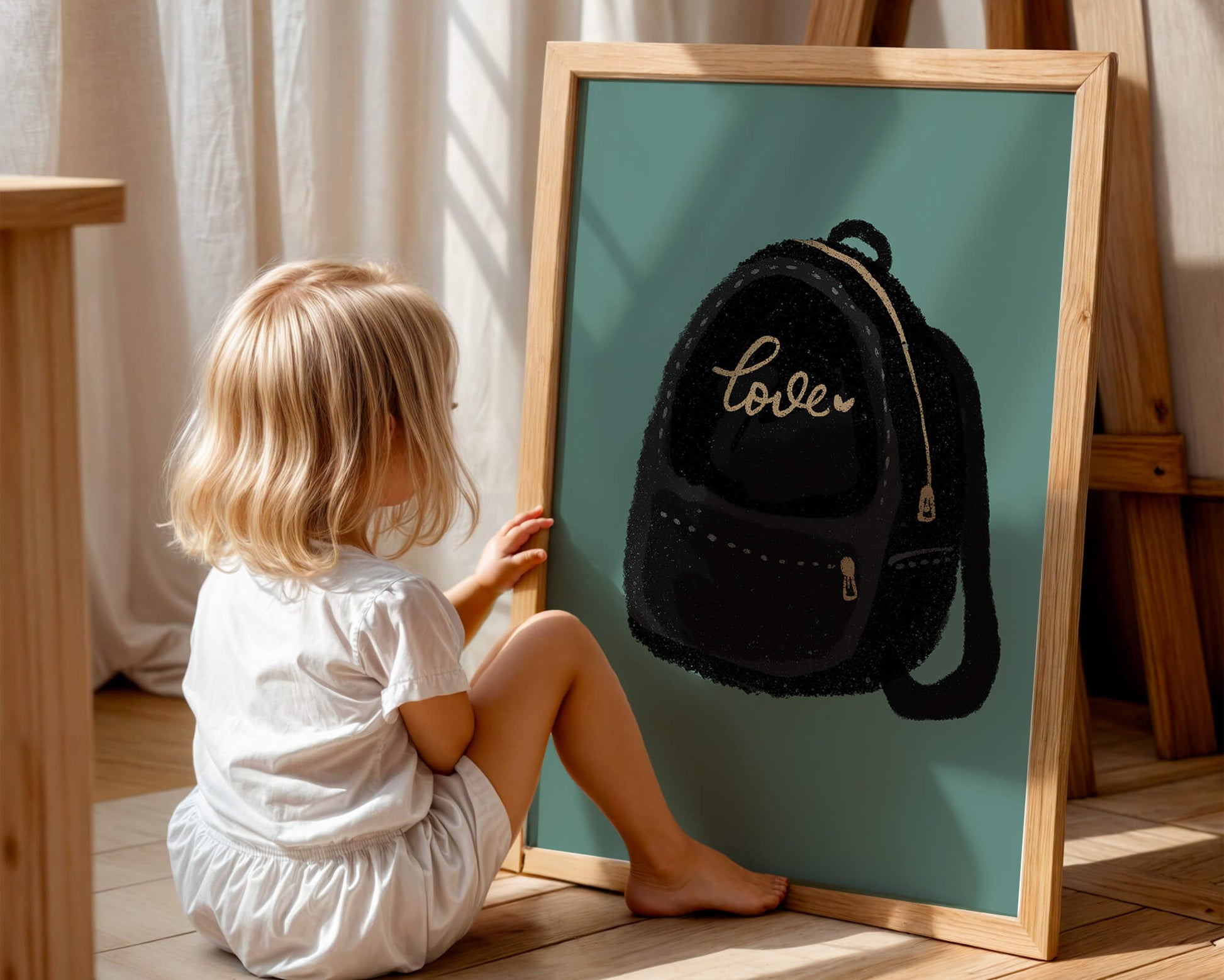 Elegant black backpack with gold accents and love inscription