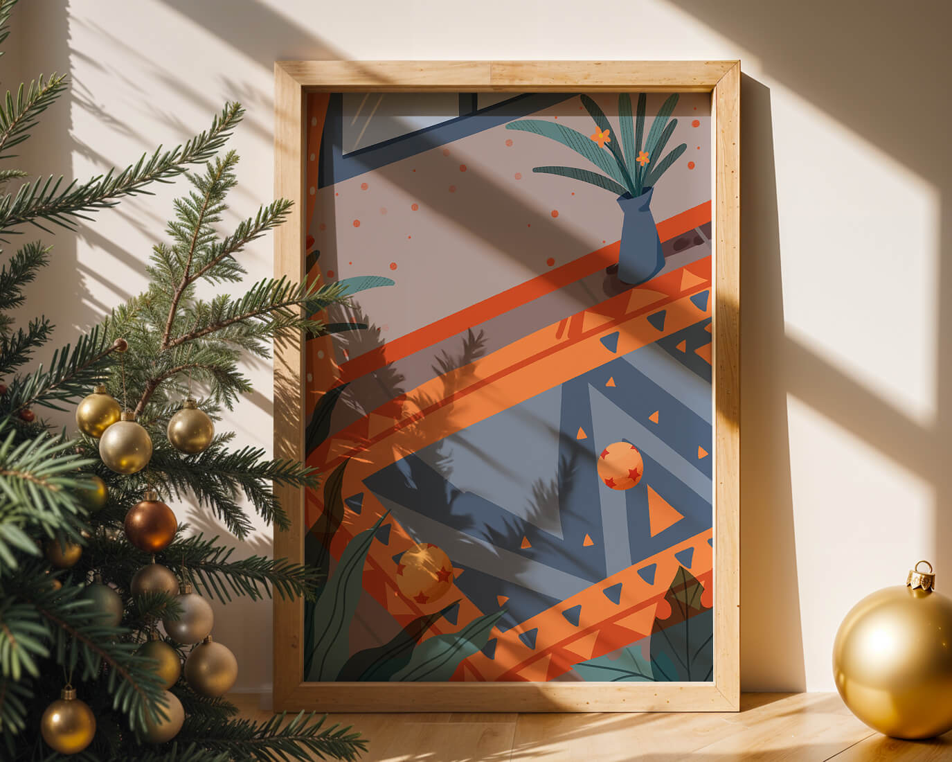 Interior abstracto moderno con patrones geométricos y planta