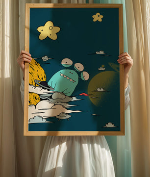Playful Alien Illustration with Space Background and Stars - Mi tienda