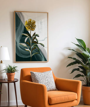 Abstract floral design featuring a golden flower with textured leaves