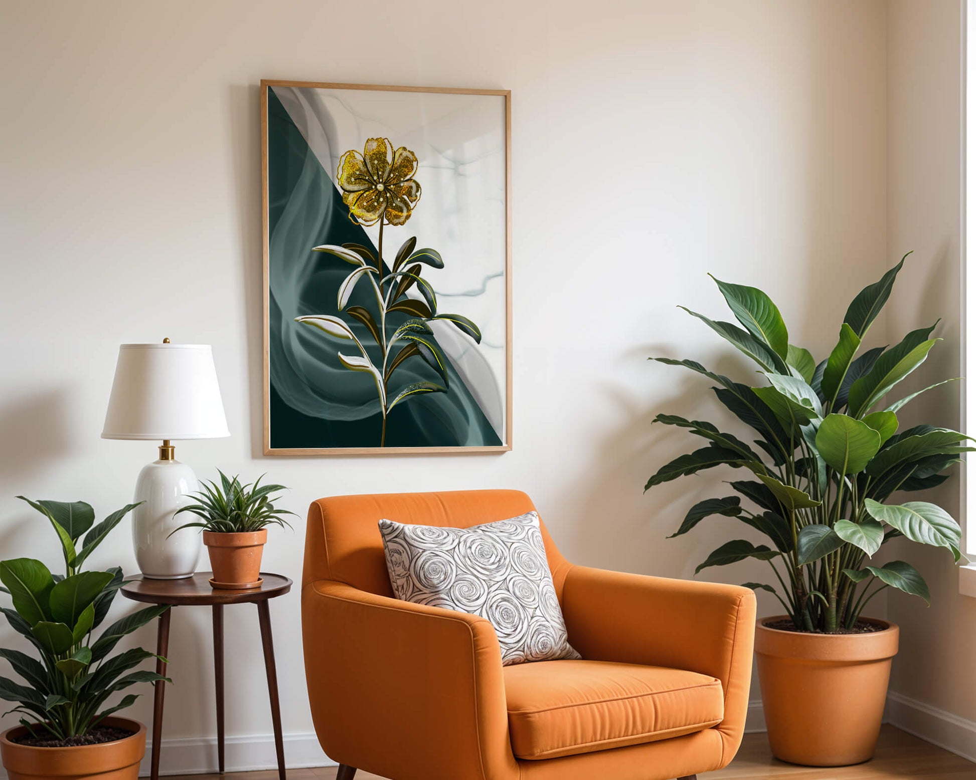 Abstract floral design featuring a golden flower with textured leaves
