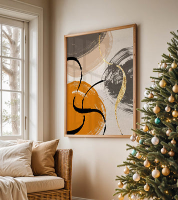 Abstract Art with Orange, Black, and Gold Brushstrokes