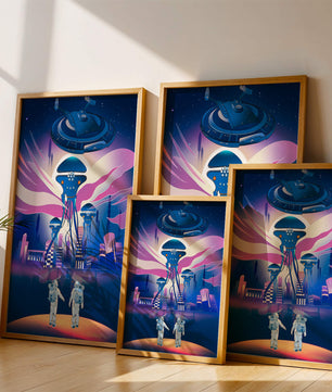 Futuristic Space City With Alien Creatures and Astronauts