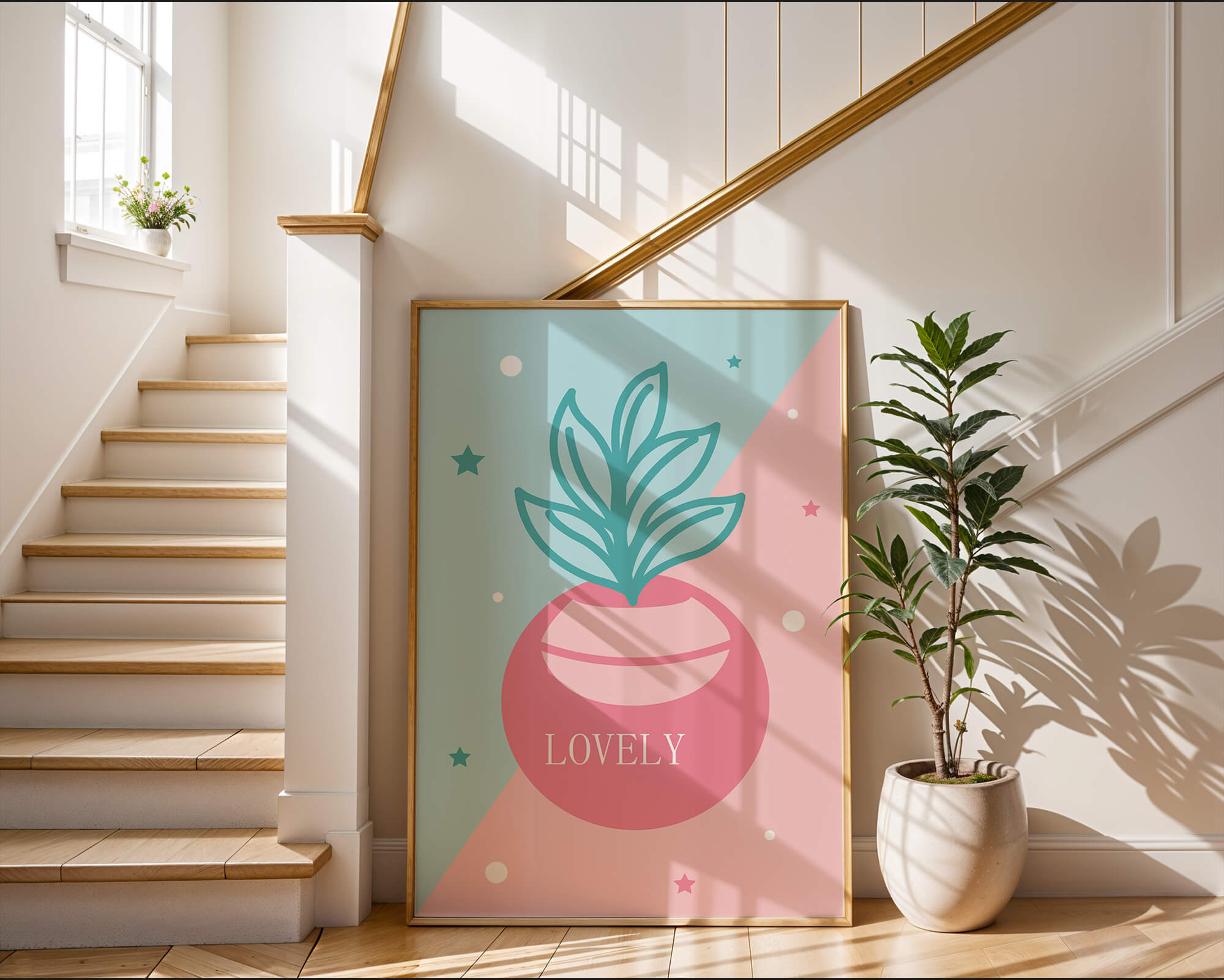 Playful pastel illustration with plant motif and stars