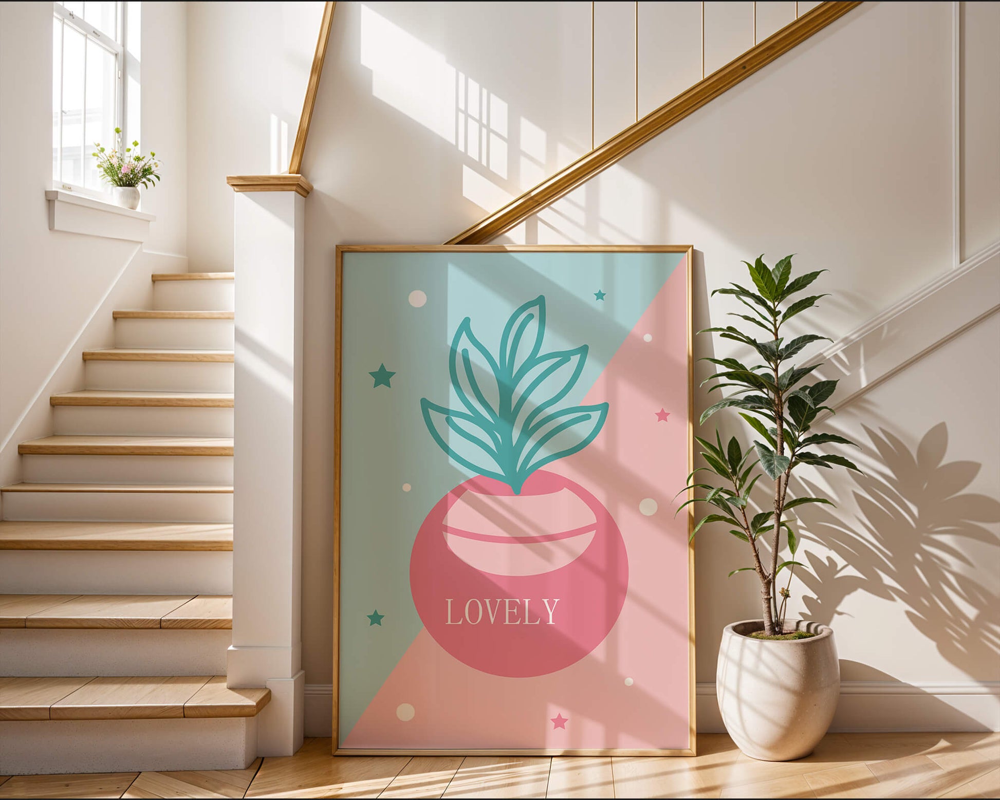 Playful pastel illustration with plant motif and stars