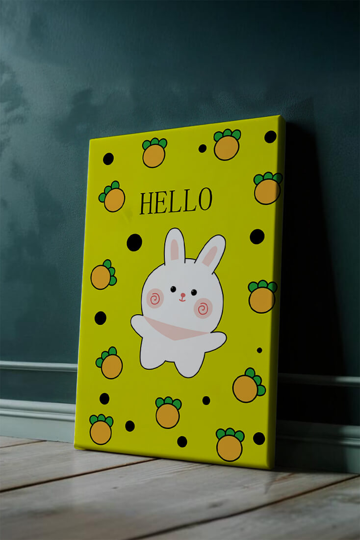 Charming rabbit cartoon illustration on yellow background with orange elements