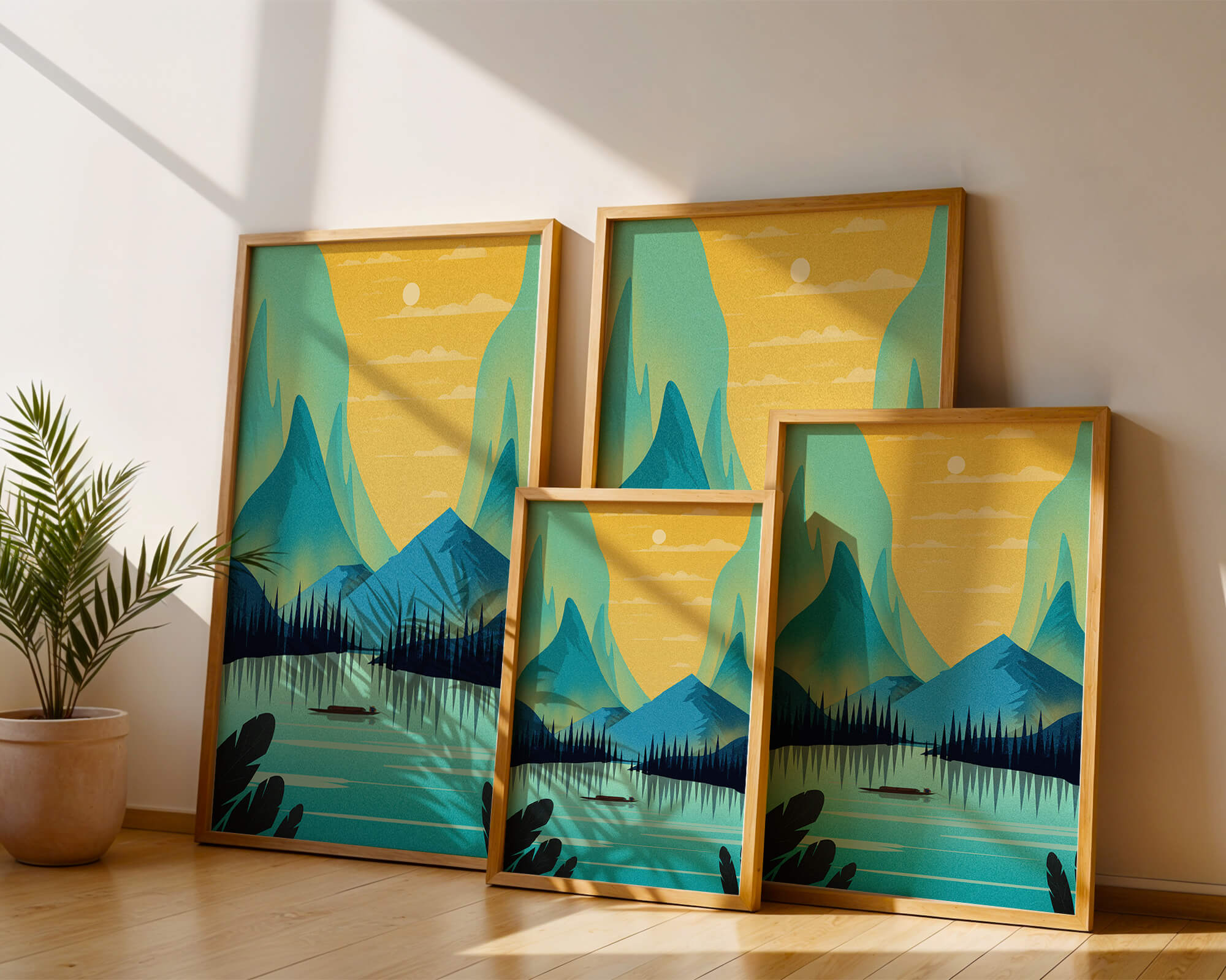 Serene lake landscape with mountains and sunset