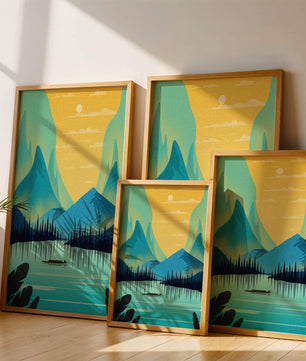 Serene lake landscape with mountains and sunset
