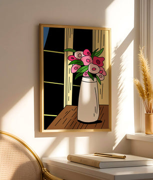 Abstract illustration of flowers in a vase on a wooden table
