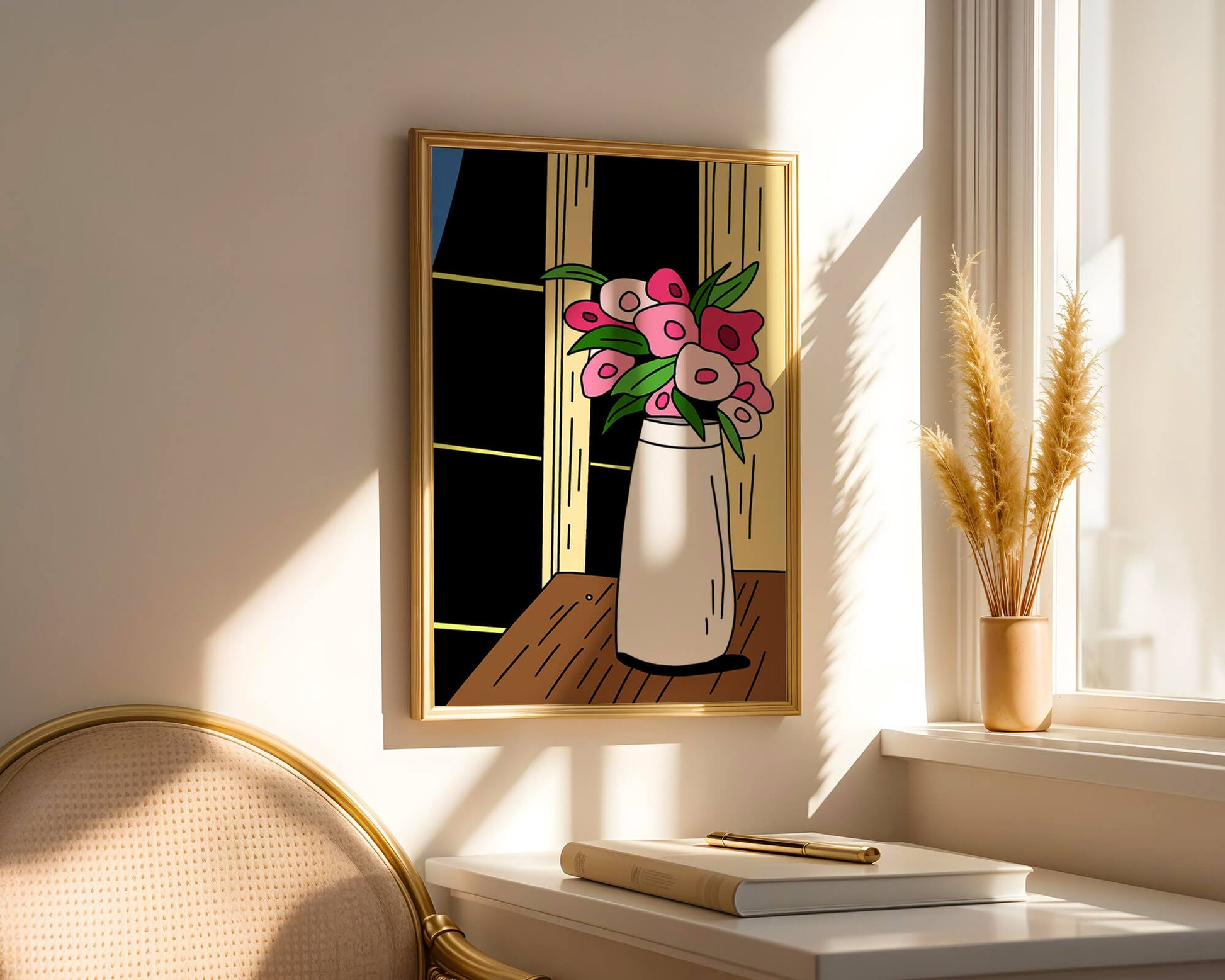 Abstract illustration of flowers in a vase on a wooden table