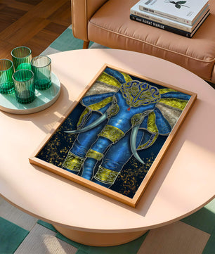 Blue and gold ornate elephant with intricate patterns