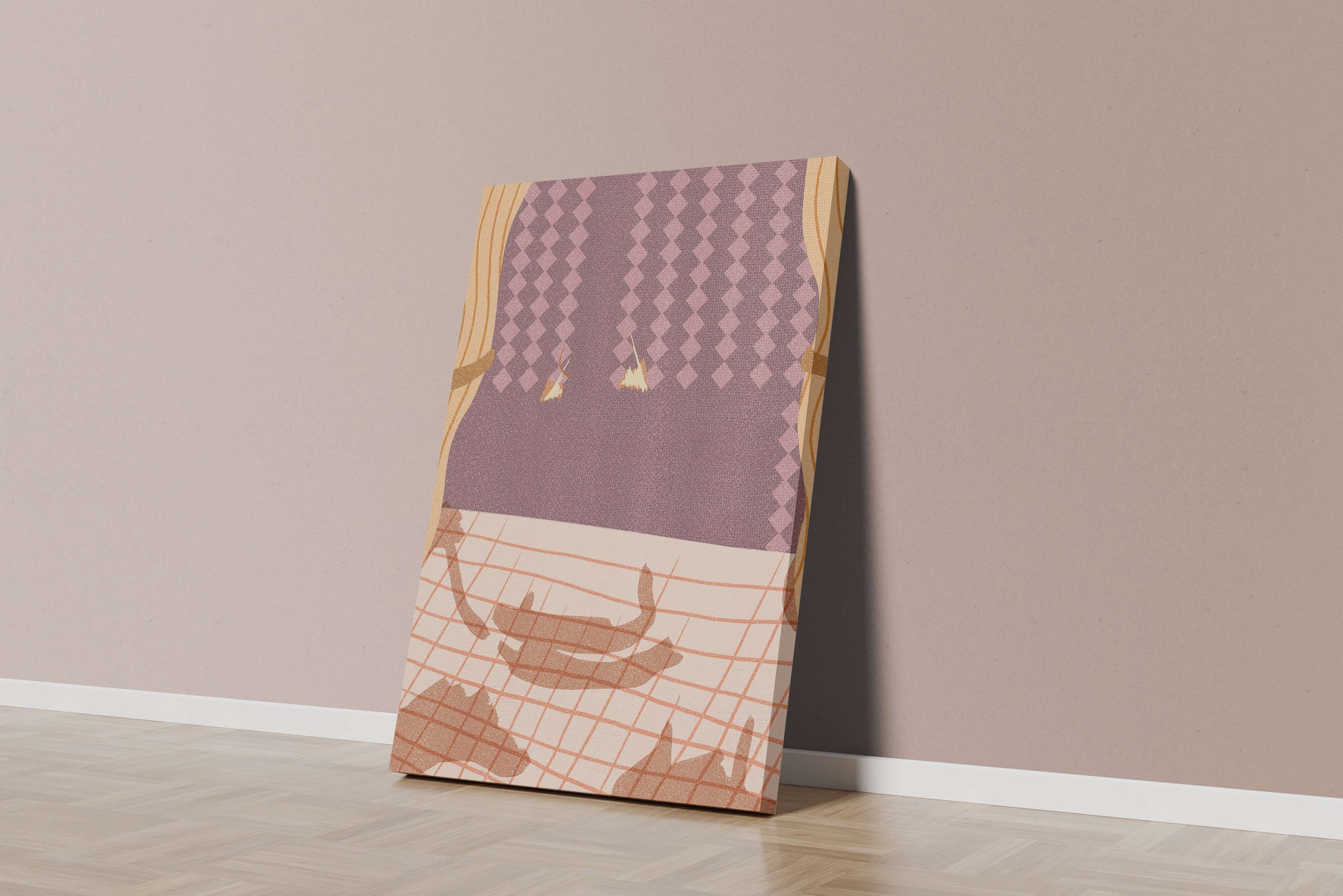 Abstract Interior with Cats' Shadows on Checkered Floor