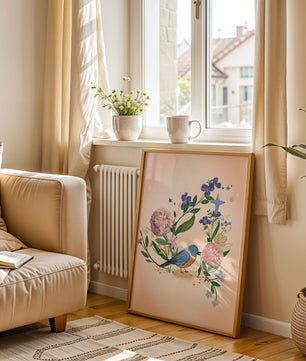 Delightful illustration of a bird amidst colorful flowers on a soft pink background