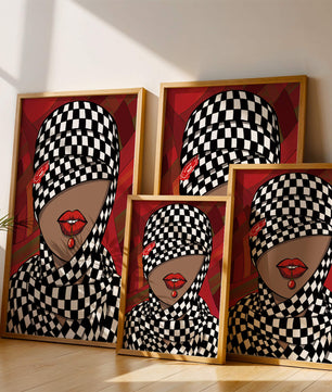 Abstract Art of Woman with Checkered Pattern and Red Lips - Mi tienda