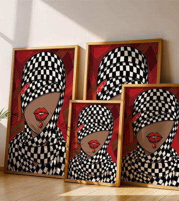 Abstract Art of Woman with Checkered Pattern and Red Lips