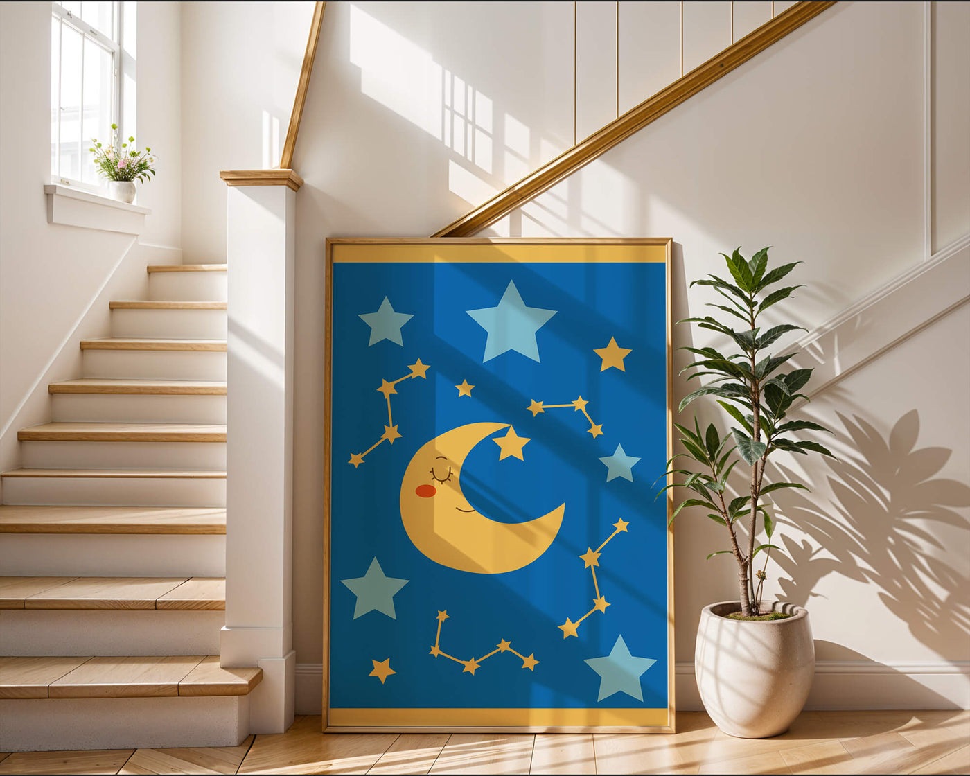 Whimsical children's room decor with smiling moon and stars