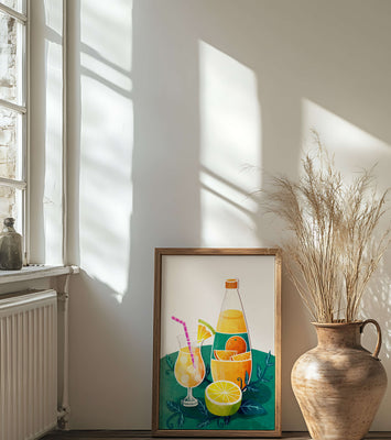 Colorful illustration of citrus drinks with bottle and glass