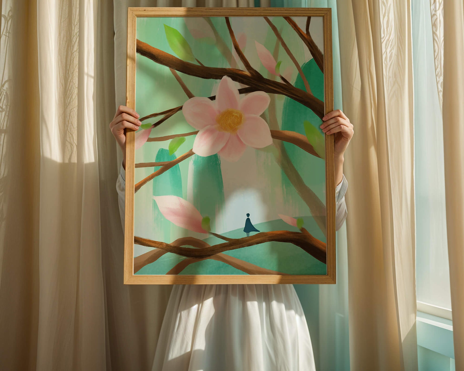 Serene floral artwork with large pink flower on tree branches