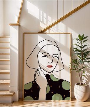 Modern Minimalist Portrait of a Winking Woman in Green Polka Dot Dress - Mi tienda