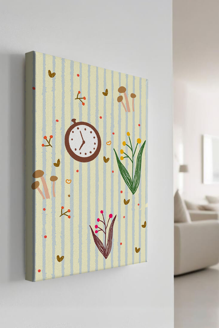 Whimsical pattern with clock, mushrooms, and florals on striped background
