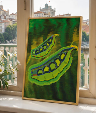 Ilustración abstracta de guisantes verdes coloridos con fondo vibrante