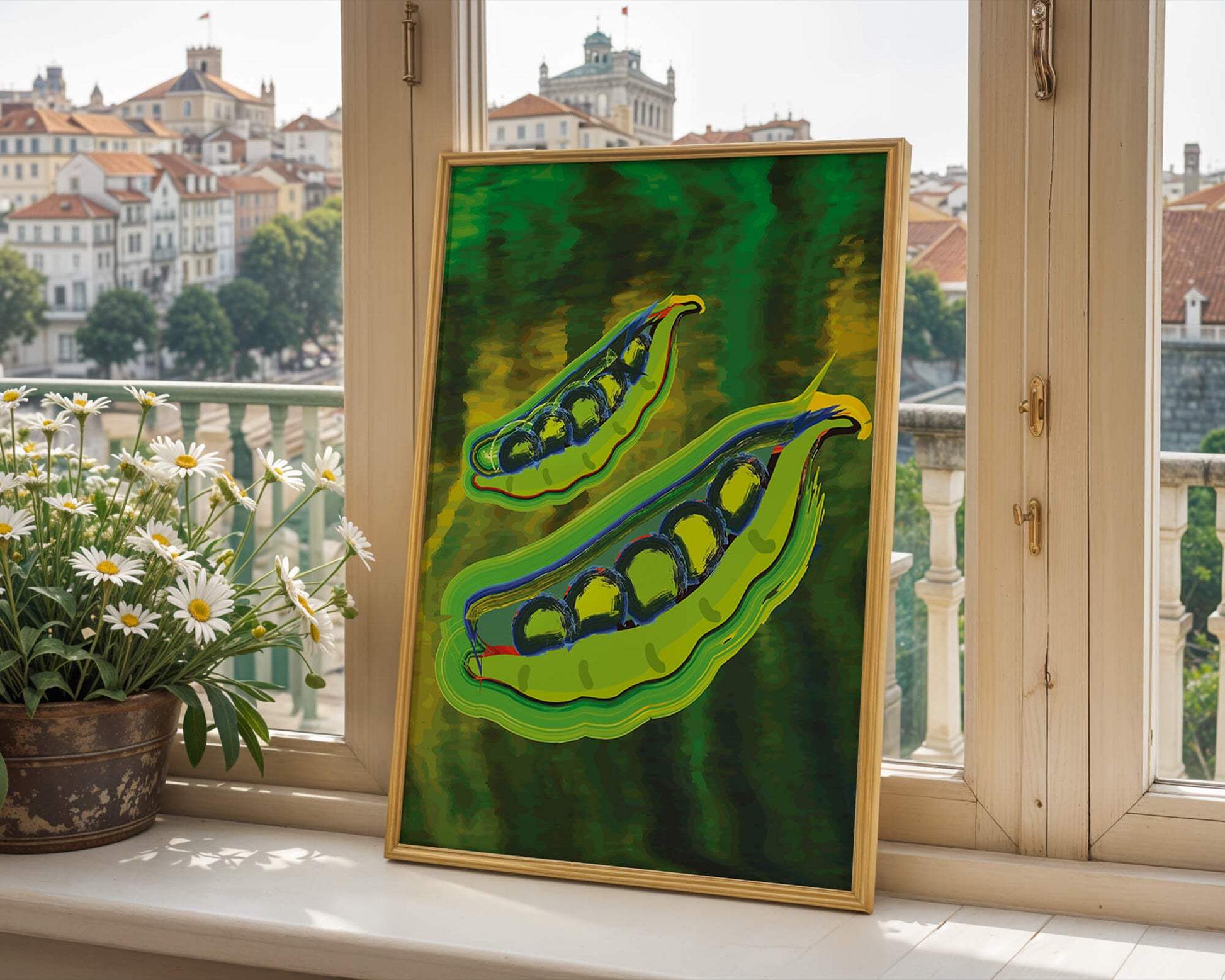 Ilustración abstracta de guisantes verdes coloridos con fondo vibrante