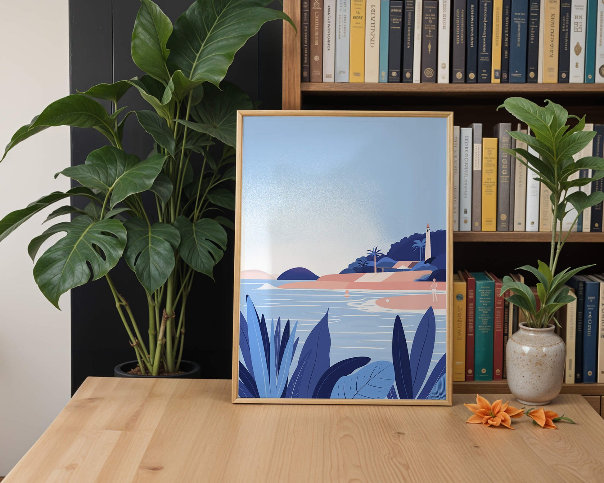 Serene seaside scene with lighthouse and tropical foliage