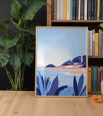 Serene seaside scene with lighthouse and tropical foliage
