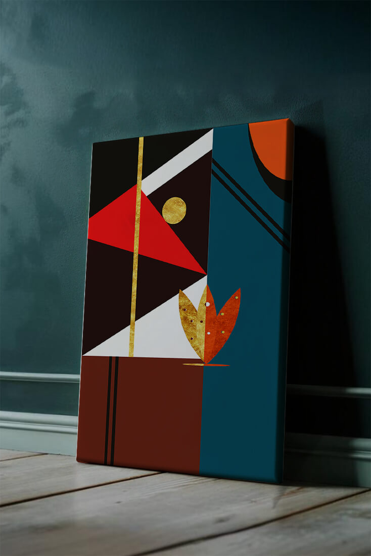 Geometrische abstrakte Kunst mit Gold und kräftigen Formen