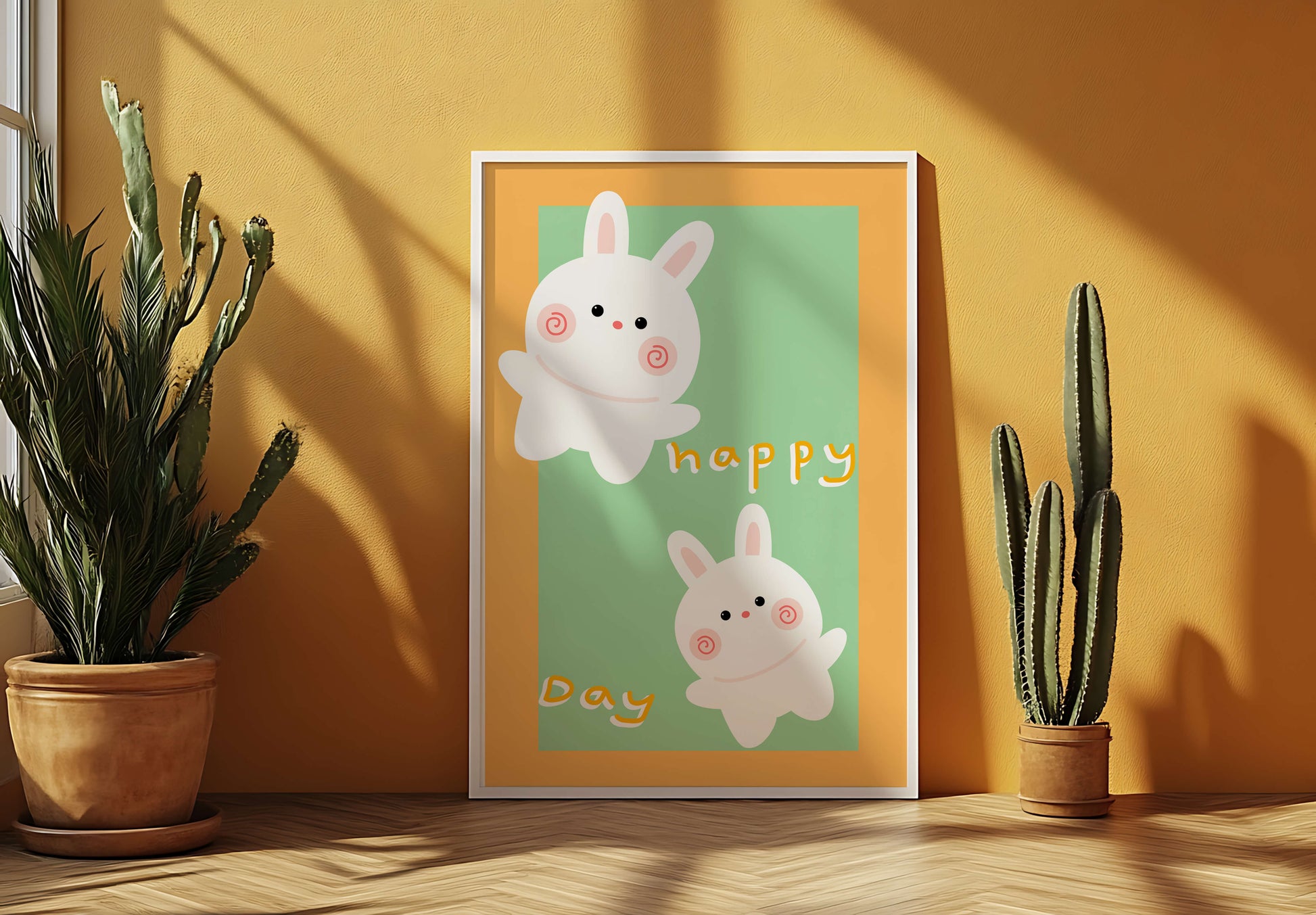 Conejos de dibujos animados juguetones con mensaje de día feliz sobre fondo colorido