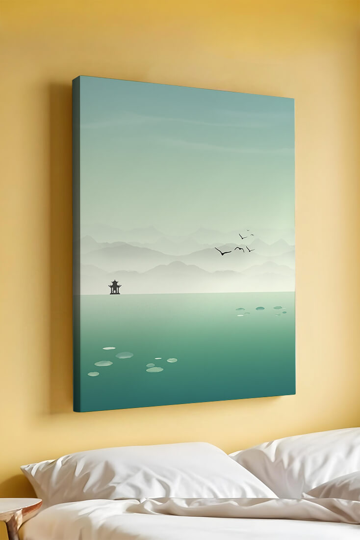 Serene landscape with pagoda and birds over a misty lake