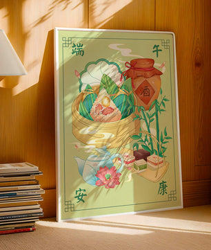Illustration de nourriture festive chinoise mettant en scène des zongzi traditionnels et un service à thé