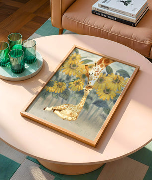 Pintura acuarela de jirafas y girasoles en una escena tierna de una familia de jirafas