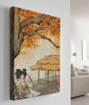 Escena de otoño con ilustración en estilo asiático tradicional
