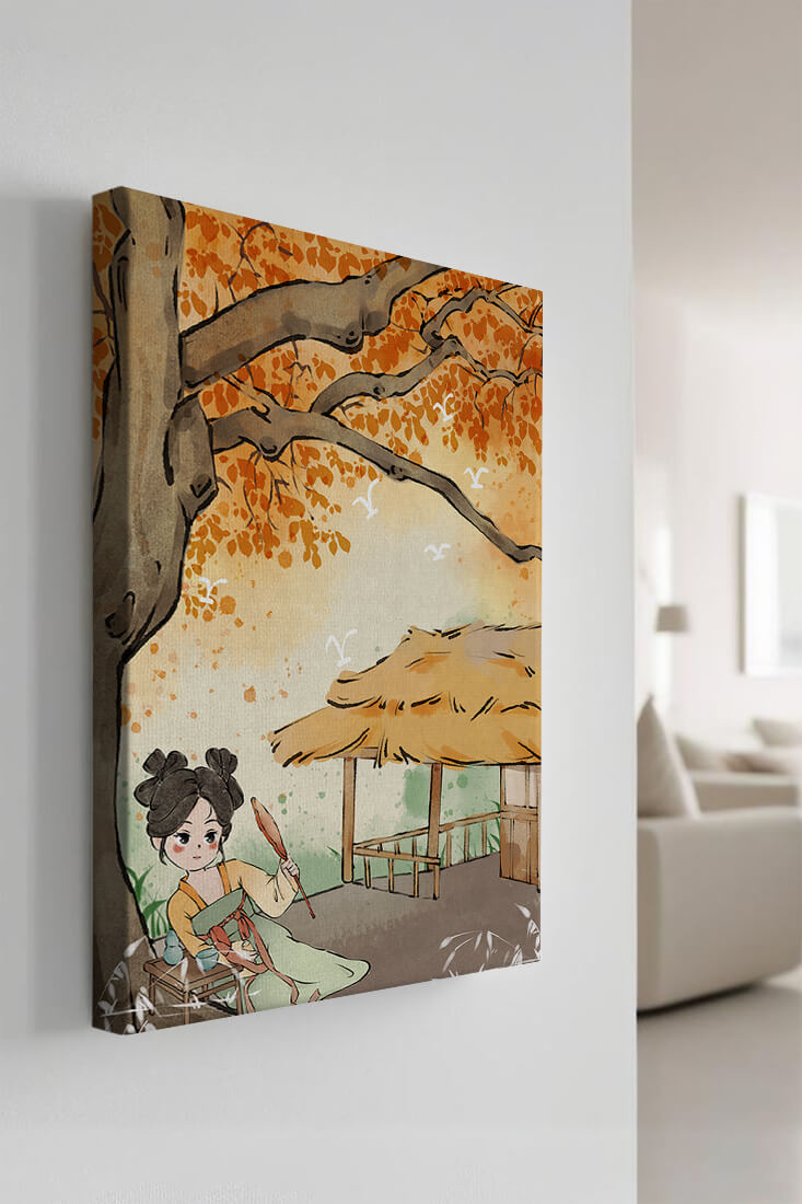 Escena de otoño con ilustración en estilo asiático tradicional