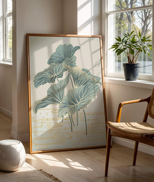 Elegant botanical illustration featuring large leaves with golden accents