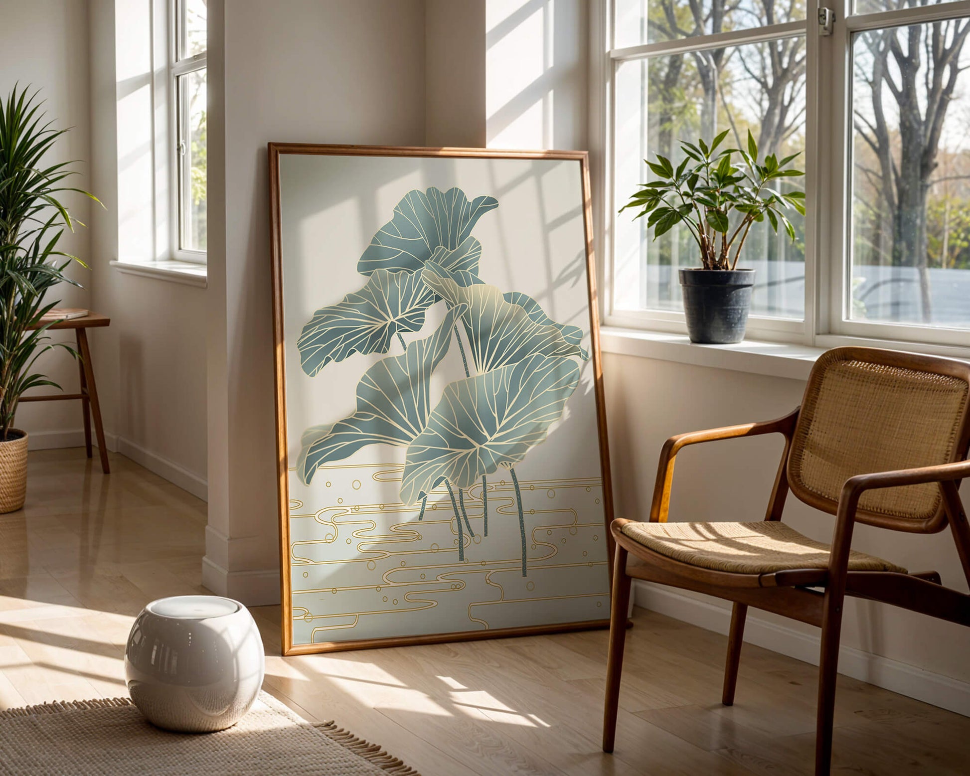 Elegant botanical illustration featuring large leaves with golden accents