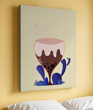 Illustration eines skurrilen Weinglases mit Flüssigkeitsspritzern und violetten Pflanzen